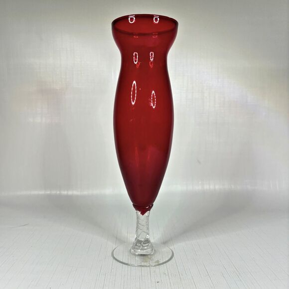Empoli 1960s Vintage Ruby Glass Bud Vase Twisted Stem Cottagecore Shabby Decor - Picture 1 of 3